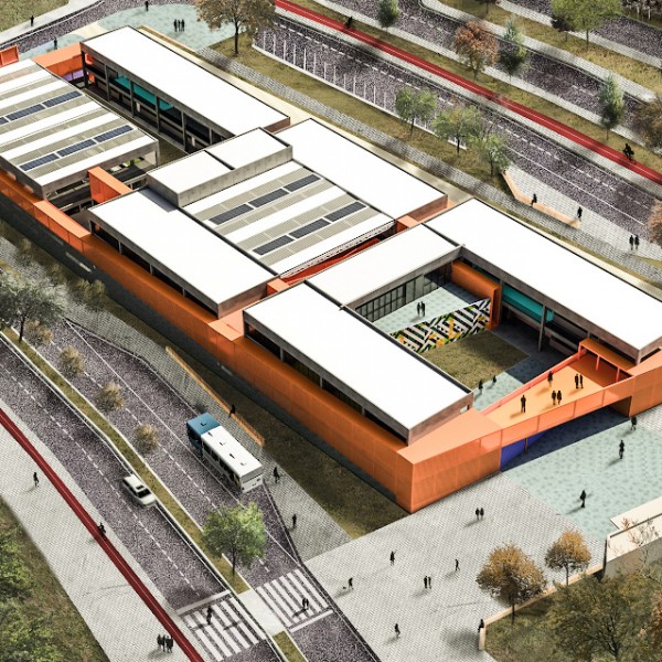 Vista aérea do Centro Educacional (CED) proposto. Ressaltamos que como uma gentileza urbana doamos parte do lote para um centro comunitário destinado a comunidade do entorno, praças de estar, fruição urbana, bicicletários e área para espera de transporte coletivos. (Ar:Co – Arquitetura Cooperativa).