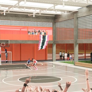 Vista do quadra poliesportiva. (Ar:Co – Arquitetura Cooperativa).