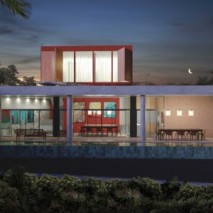 Fachada Posterior Noturna. (Ar:Co – Arquitetura Cooperativa).