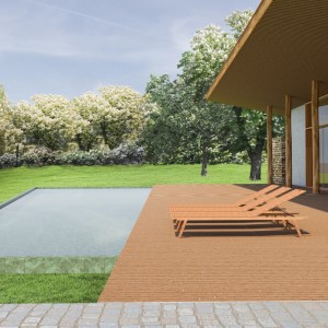 Vista do deck da piscina da Casa de Hóspedes. (Ar:Co – Arquitetura Cooperativa).