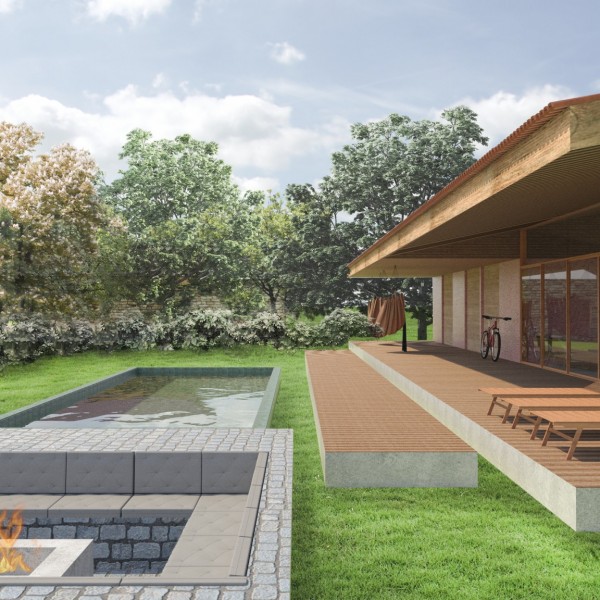 Vista do deck da piscina do Pavilhão de Estar e Serviços da Casa Principal. (Ar:Co – Arquitetura Cooperativa).