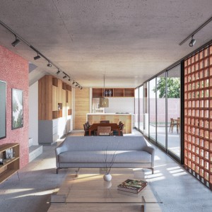 Vista da Sala de Estar para a Sala de Jantar. (Ar:Co – Arquitetura Cooperativa).