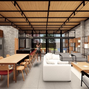 Vista da Sala de Estar / Jantar / Cozinha para a Varanda Coberta. (Ar:Co – Arquitetura Cooperativa).