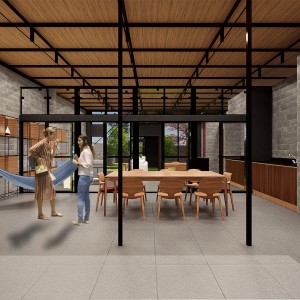 Vista da Varanda Coberta para a Sala de Estar Integrada. (Ar:Co – Arquitetura Cooperativa).