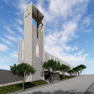 Vista de dia da fachada frontal e lateral da igreja, acesso de pedestres a celebração e ao salão de festas da comunidade. (Ar:Co – Arquitetura Cooperativa).