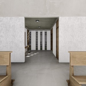 Vista da nave para o hall de acesso da igreja. (Ar:Co – Arquitetura Cooperativa).