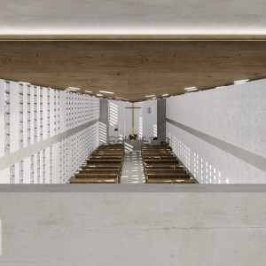 Vista da área dos músicos para a nave da igreja. (Ar:Co – Arquitetura Cooperativa).