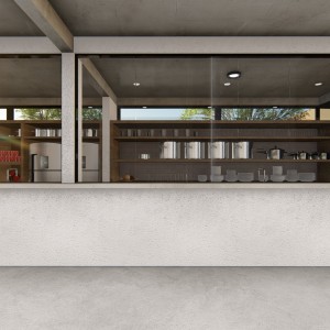 Vista de dia da cozinha do salão de festas da comunidade. (Ar:Co – Arquitetura Cooperativa).