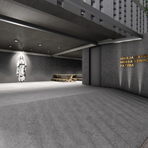 Vista de noite do acesso de pedestres ao salão de festas da comunidade. (Ar:Co – Arquitetura Cooperativa).