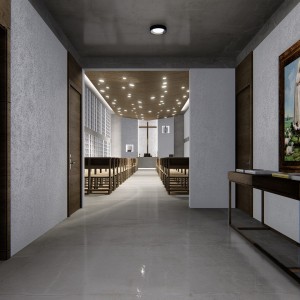 Vista noturna do Hall de acesso a nave da igreja. (Ar:Co – Arquitetura Cooperativa).