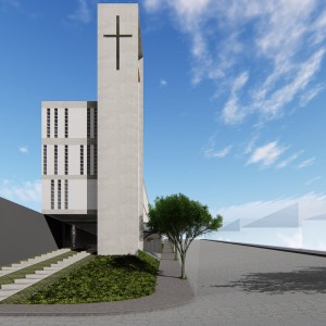 Vista de dia da fachada frontal da igreja, acesso de pedestres a celebração e ao salão de festas da comunidade. (Ar:Co – Arquitetura Cooperativa).