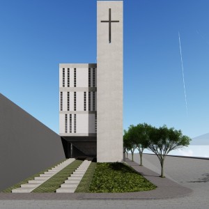 Vista de dia da fachada frontal da igreja, acesso de pedestres a celebração e ao salão de festas da comunidade. (Ar:Co – Arquitetura Cooperativa).
