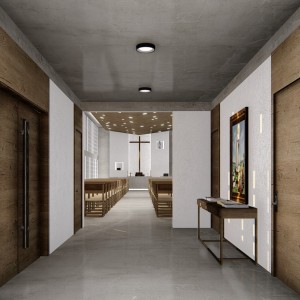 Vista do Hall de acesso a nave da igreja. (Ar:Co – Arquitetura Cooperativa).