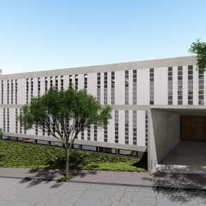 Vista de dia do acesso de pedestres a celebração da igreja. (Ar:Co – Arquitetura Cooperativa).