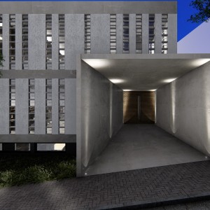 Vista de noite do acesso de pedestres a celebração da igreja. (Ar:Co – Arquitetura Cooperativa).