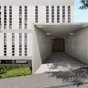 Vista de dia do acesso de pedestres a celebração da igreja. (Ar:Co – Arquitetura Cooperativa).