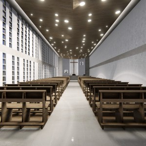 Vista da nave da igreja para o altar. (Ar:Co – Arquitetura Cooperativa).
