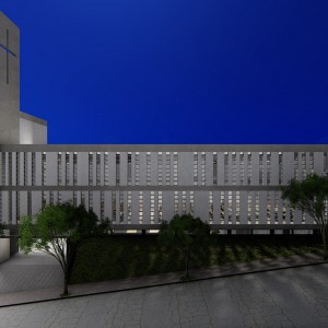 Vista de noite da fachada lateral da igreja, acesso de pedestres a celebração e ao salão de festas da comunidade. (Ar:Co – Arquitetura Cooperativa).