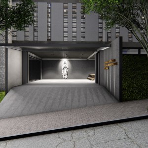 Vista de noite do acesso de pedestres ao salão de festas da comunidade. (Ar:Co – Arquitetura Cooperativa).