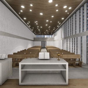 Vista do altar para a nave. (Ar:Co – Arquitetura Cooperativa).