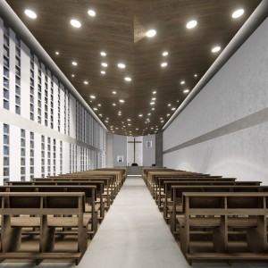 Vista da nave da igreja para o altar. (Ar:Co – Arquitetura Cooperativa).