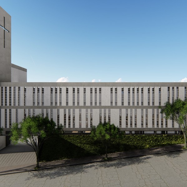 Vista de dia da fachada lateral da igreja, acesso de pedestres a celebração e ao salão de festas da comunidade. (Ar:Co – Arquitetura Cooperativa).