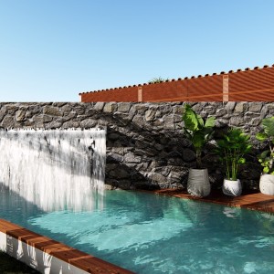 Detalhe da cascata da piscina. (Ar:Co – Arquitetura Cooperativa).