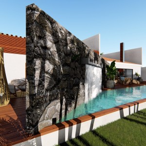 Detalhe da cascata da piscina. (Ar:Co – Arquitetura Cooperativa).