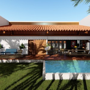 Vista do Estar do pavilhão de hóspedes. (Ar:Co – Arquitetura Cooperativa).