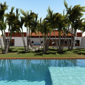 Vista da piscina para o pavilhão de hóspedes. (Ar:Co – Arquitetura Cooperativa).