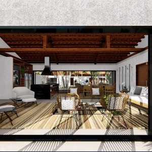 Vista da Sala de Estar, Sala de jantar e Cozinha integrados. (Ar:Co – Arquitetura Cooperativa).