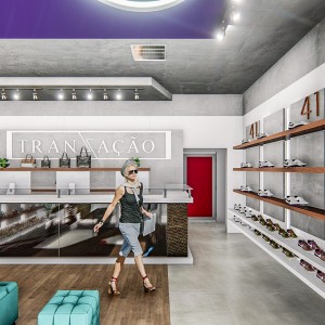 Vista da área de exposição do interior da loja / caixa. (Ar:Co – Arquitetura Cooperativa).