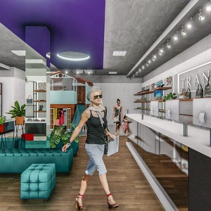 Vista da área de exposição do interior da loja / estar. (Ar:Co – Arquitetura Cooperativa).