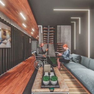 VIsta do Lounge / Atendimento P.N.E. (Ar:Co-Arquitetura Cooperativa).