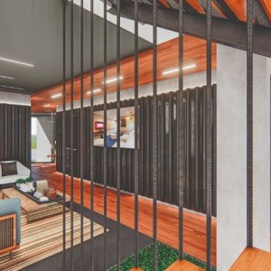 VIsta do Lounge / Atendimento P.N.E. (Ar:Co-Arquitetura Cooperativa).