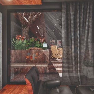 Vista da sala de projeção para a área de estar / atendimento externo. (Ar:Co-Arquitetura Cooperativa).