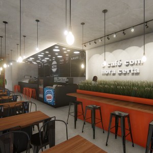 Vista da área de alimentação com o balcão de atendimento ao fundo. (Ar.Co – Arquitetura Cooperativa).