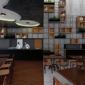 Vista da área do salão para a área do caixa e do preparo de sushi. (Ar:Co – Arquitetura Cooperativa).