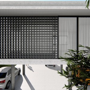 Detalhe da fachada frontal do edifício proposto para ampliação da casa.. (Ar:Co – Arquitetura Cooperativa).