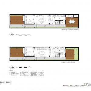 Planta Pav. Térreo, Opção 1 com Quintal e Opção 2 com Área Gourmet. (Ar:Co – Arquitetura Cooperativa).