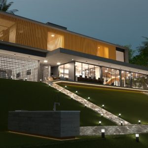 Fachada Posterior Noturna. (Ar:Co – Arquitetura Cooperativa).