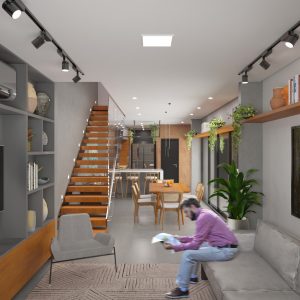 Vista da Sala de Estar para a Sala de jantar e Cozinha integradas. (Ar:Co – Arquitetura Cooperativa).