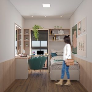 Dormitório 1 – Opção Feminina. (Ar:Co – Arquitetura Cooperativa).