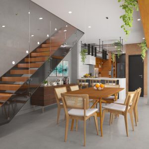 Vista da Sala de jantar e Cozinha integradas. (Ar:Co – Arquitetura Cooperativa).