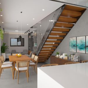 Vista da Sala de Jantar e Sala de Estar integradas. (Ar:Co – Arquitetura Cooperativa).