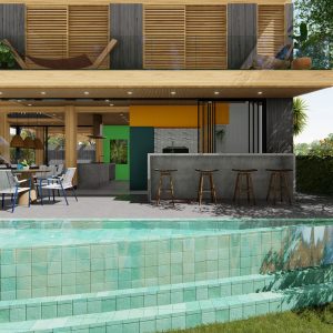 Vista da área gourmet do espaço de lazer. (Ar:Co – Arquitetura Cooperativa).