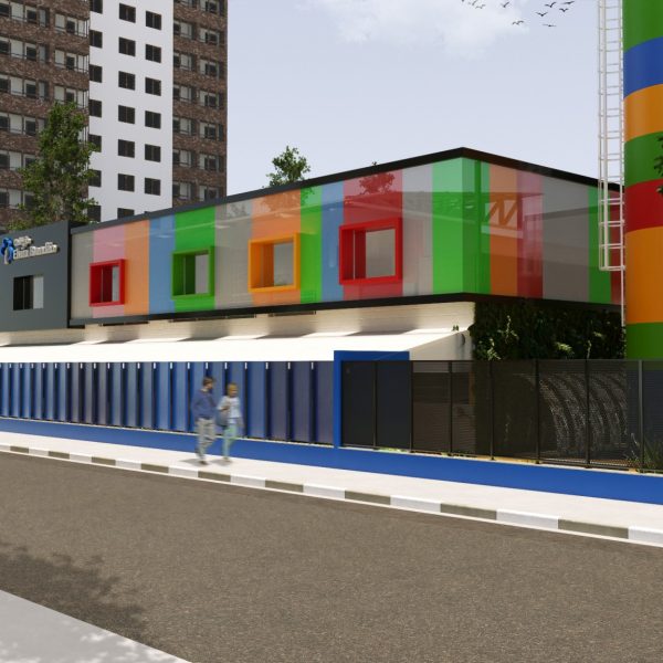 Vista da Rua Luís Correia de Melo para o  Colégio. (Ar:Co-Arquitetura Cooperativa).