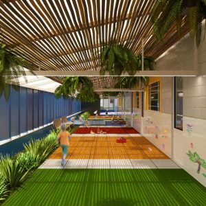 Vista da Pátio Coberto do Infantil. (Ar:Co-Arquitetura Cooperativa).