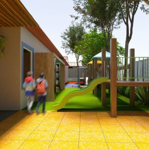 Vista da Biblioteca e do Playground. (Ar:Co-Arquitetura Cooperativa).