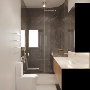 Banheiro Dormitório Casal. (Ar:Co – Arquitetura Cooperativa).